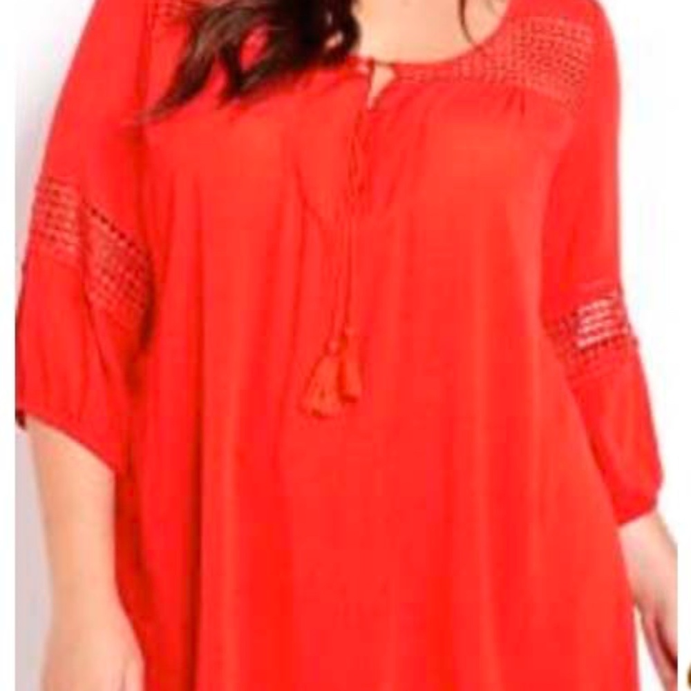 CROCHET DETAIL TOP, TASSLES, ¾ SLEEVES, SCARLET, SIZE 24, RAYON, ADDITION ELLE,
